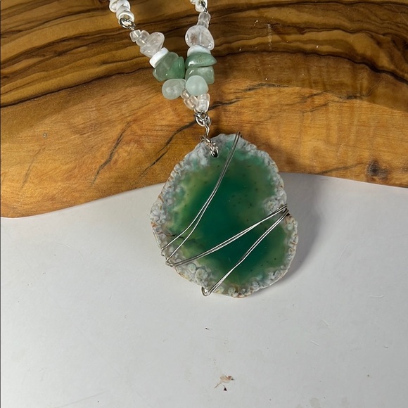 Handmade green geode with sea glass accents Necklace - Picture 8 of 13